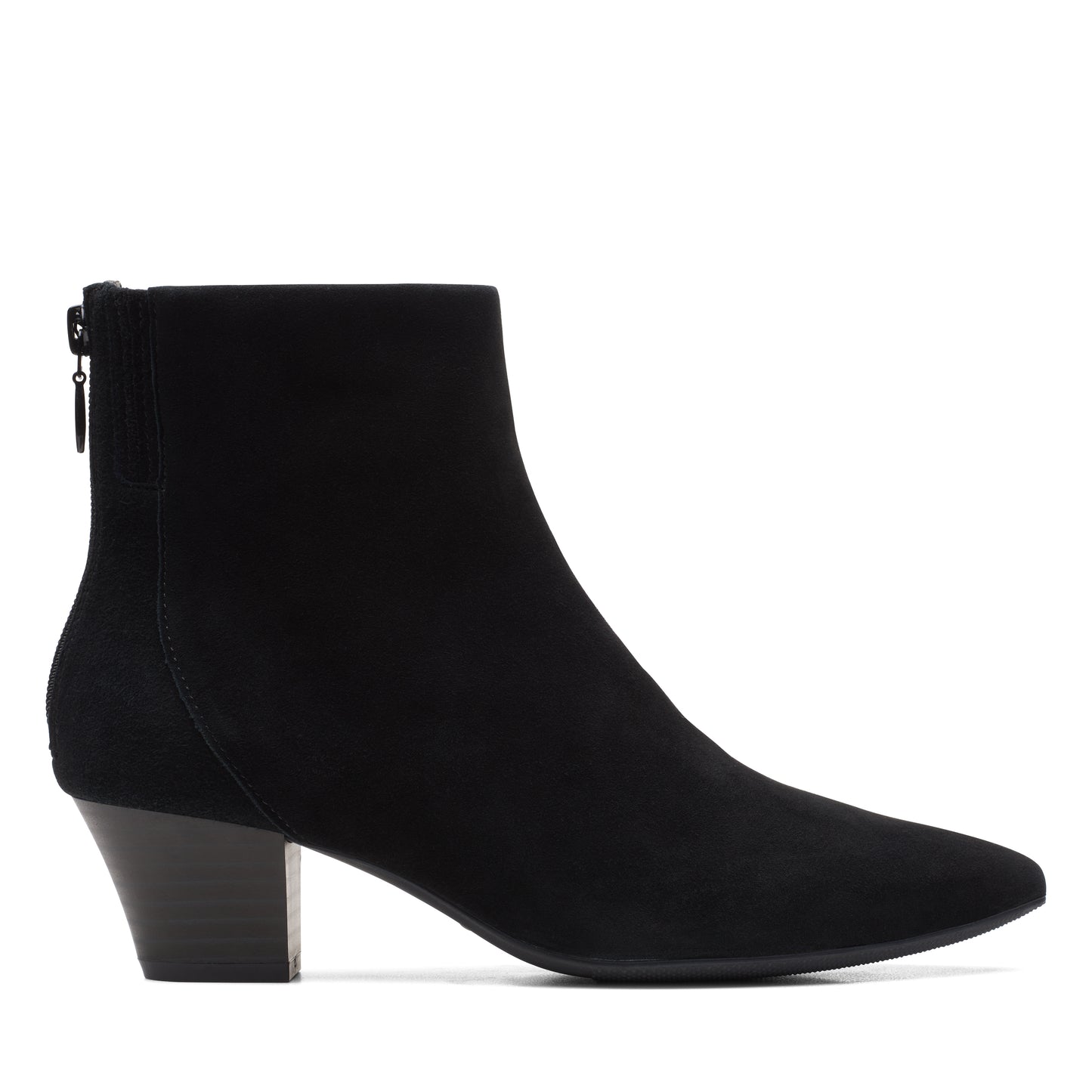 Black suede ankle boot with block heel and back zipper.