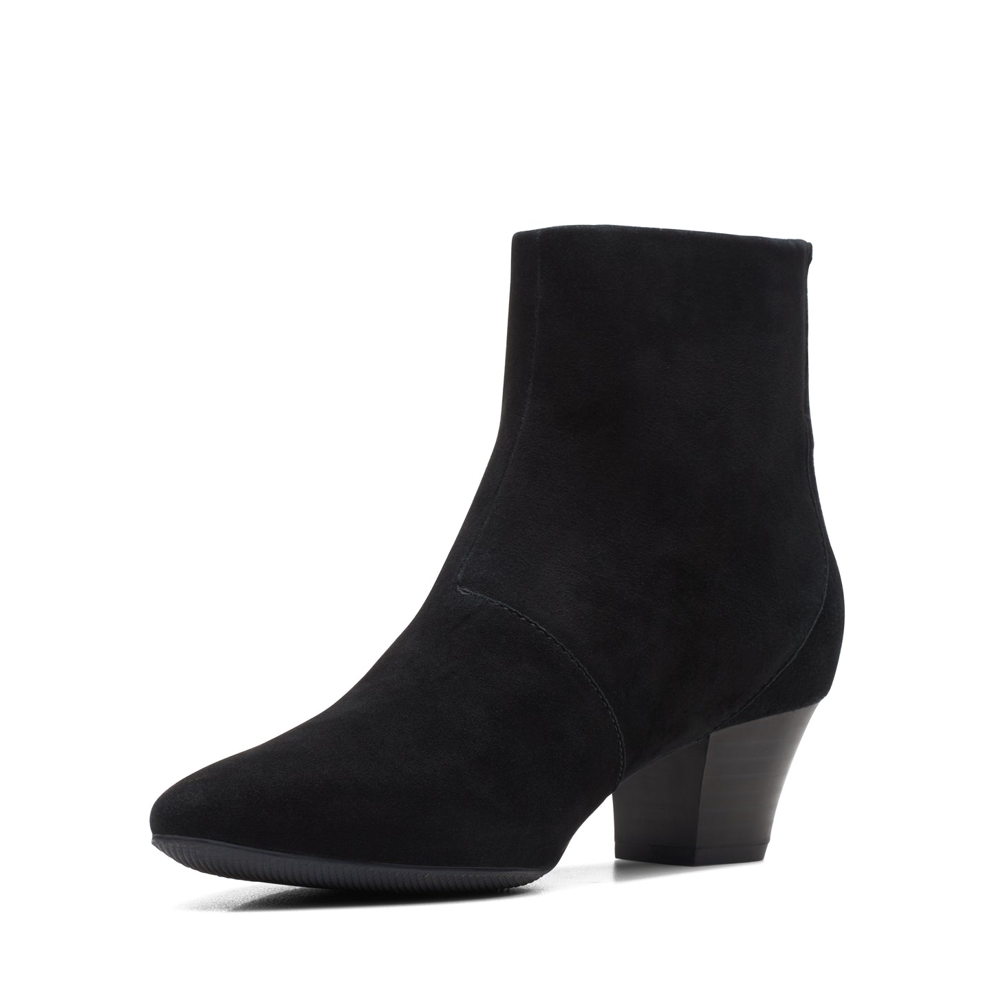 Black suede ankle boot with a block heel.