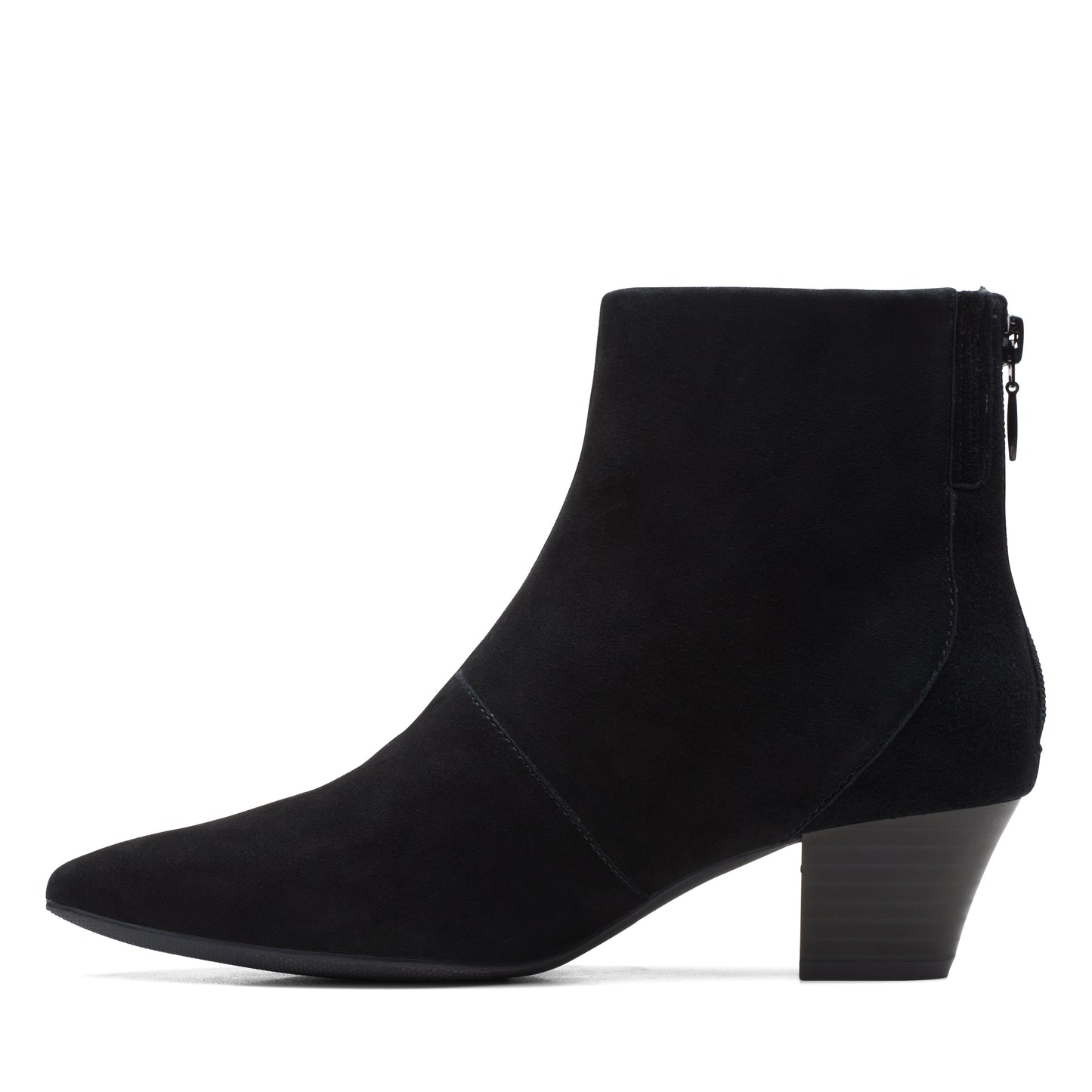 Black suede ankle boot with a pointed toe and a block heel.