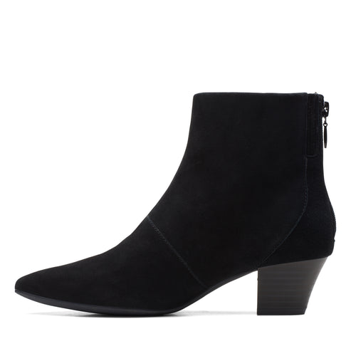 Black suede ankle boot with a pointed toe and a block heel.