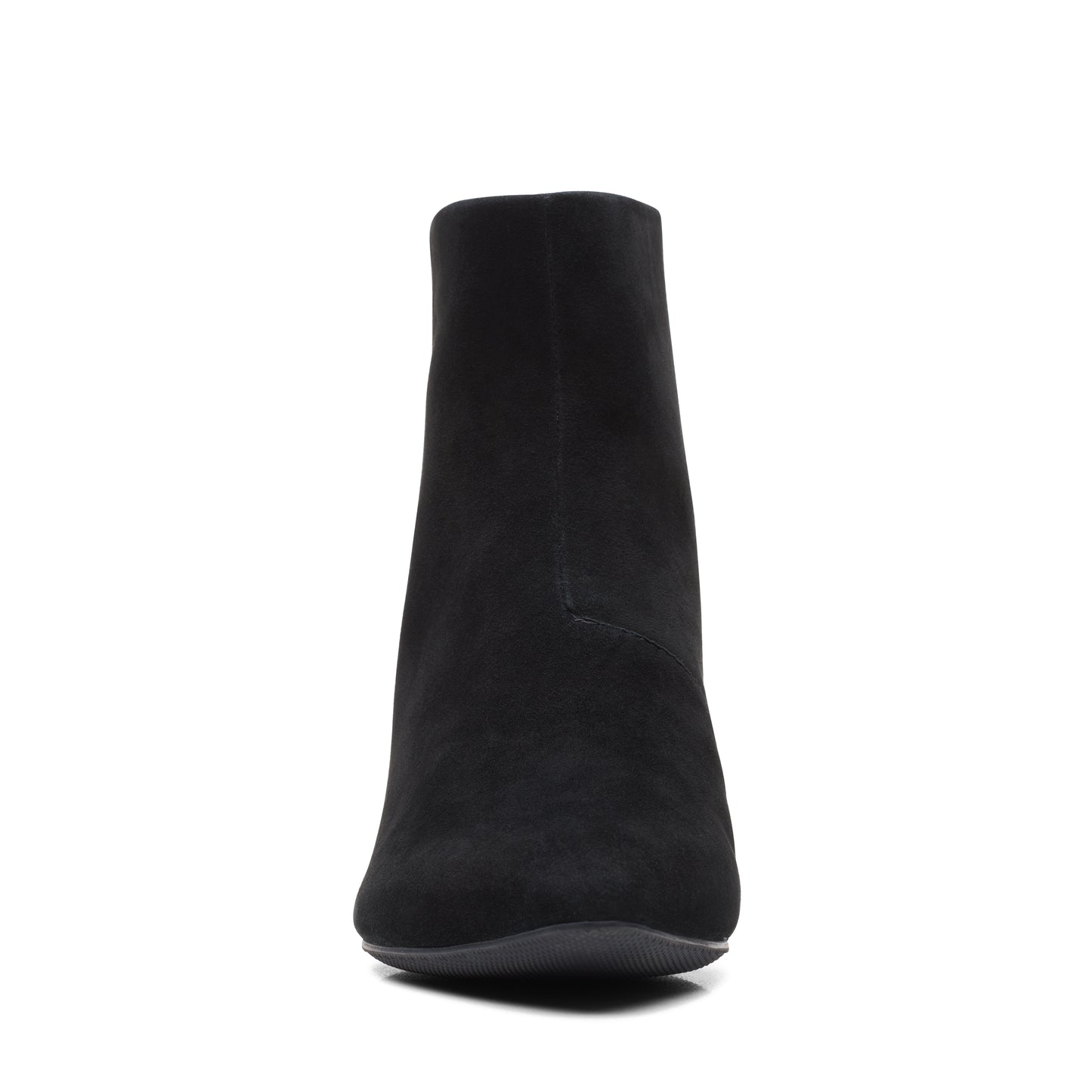 Front-facing view of a black suede ankle boot with a block heel.