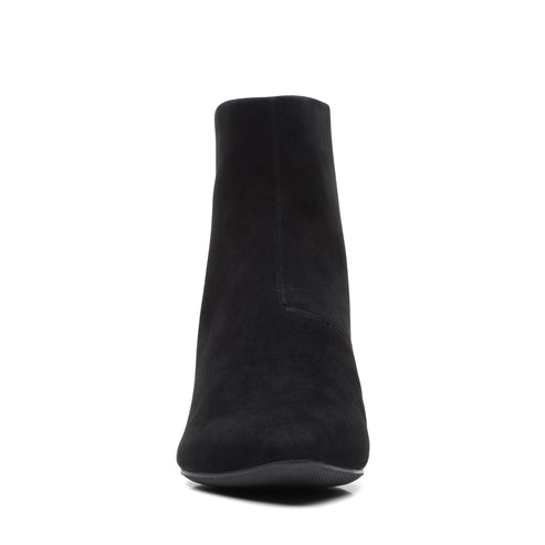 Front-facing view of a black suede ankle boot with a block heel.