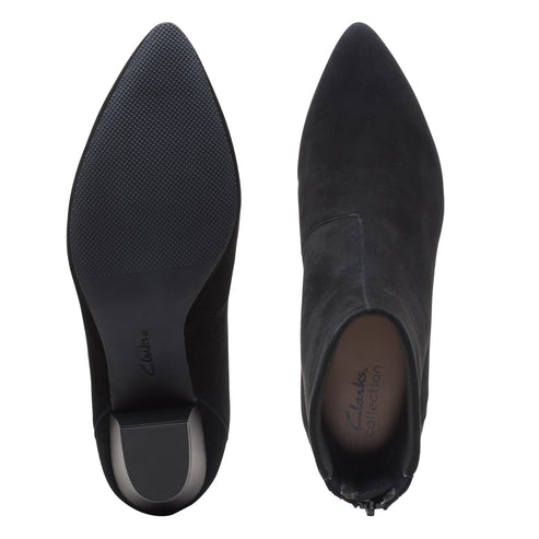 Two black suede ankle boots are displayed from the top. The boot on the left shows the sole and heel. The boot on the right is shown with the inside visible.