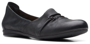 Black leather loafer with a gathered detail on the toe.