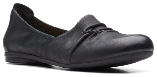 Black leather loafer with a gathered detail on the toe.