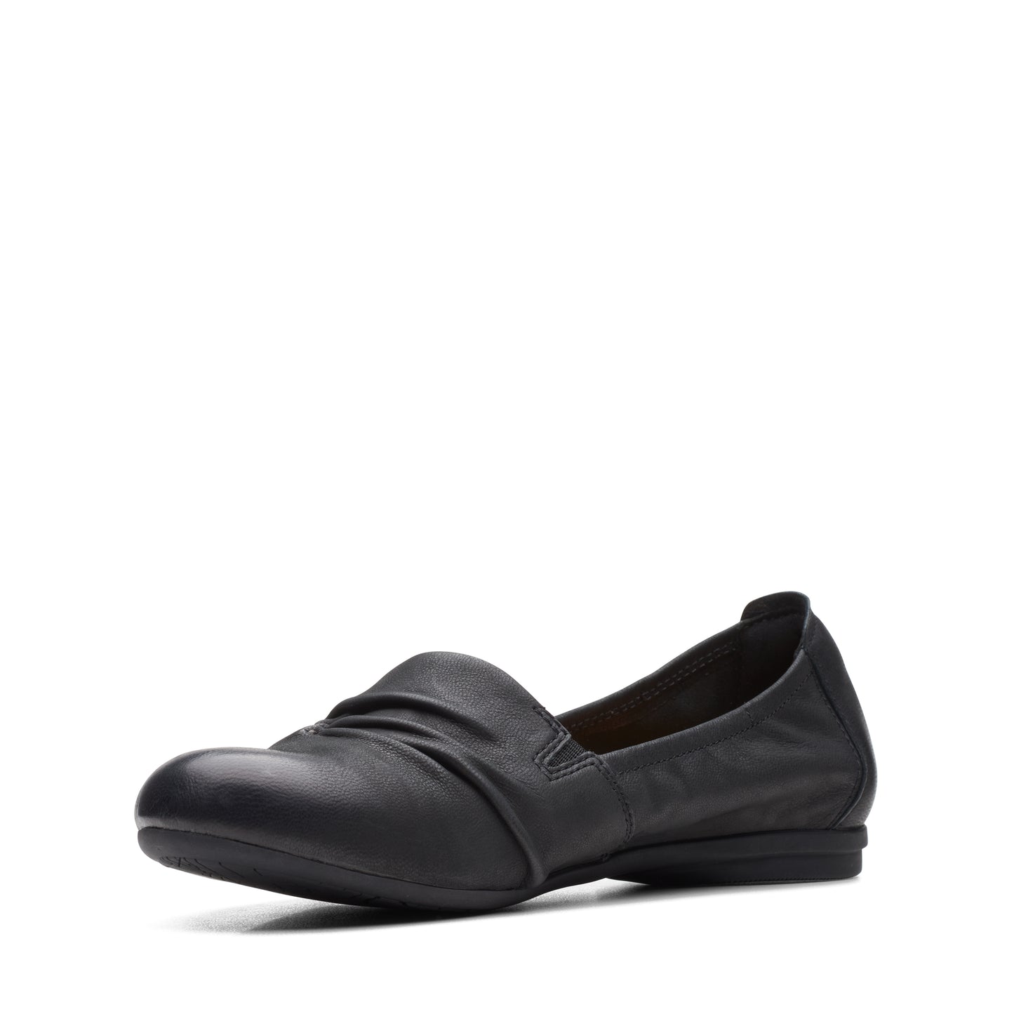 Black leather loafer with a gathered top.