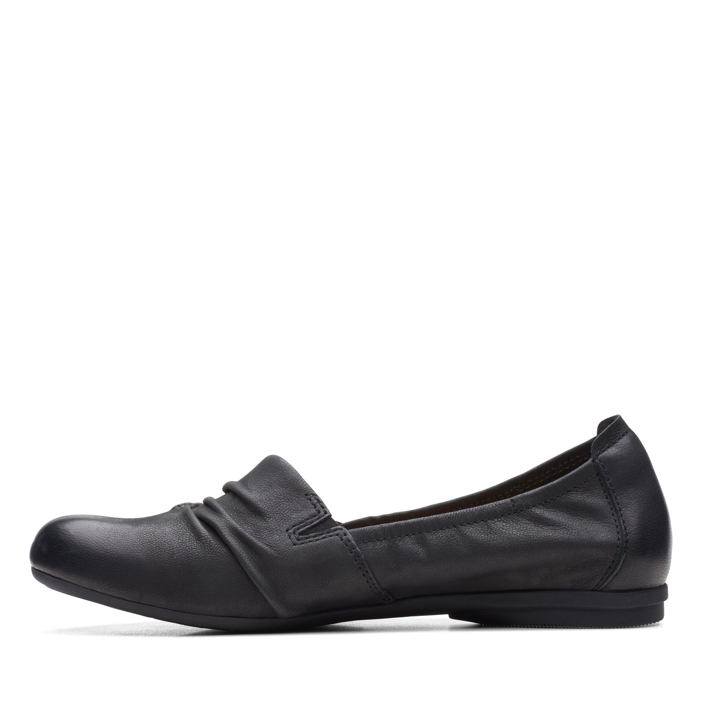 Black leather slip-on flat shoe with ruched detailing.