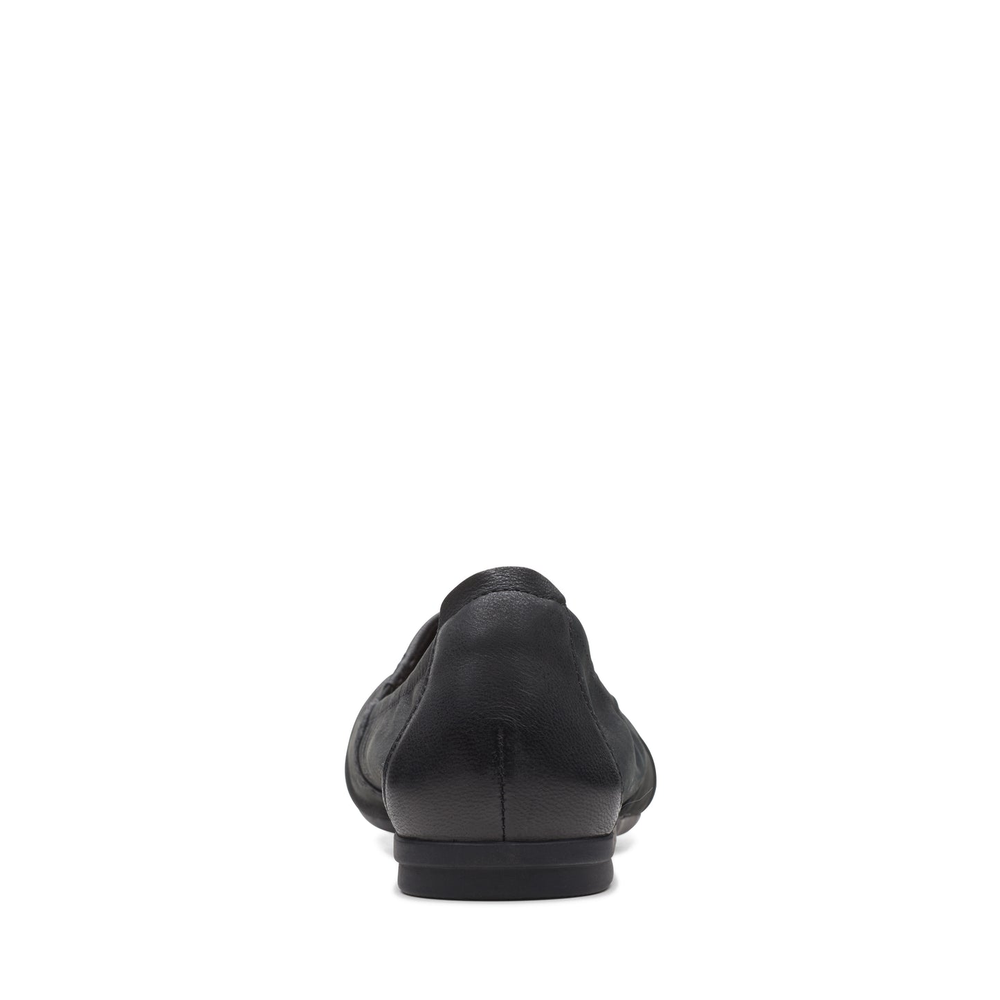 Black flat shoe, rear view.