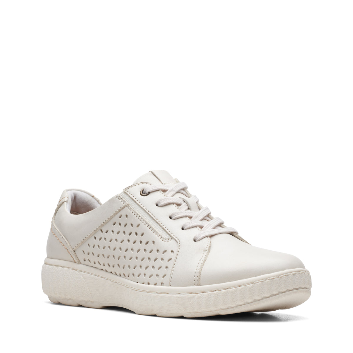 Low-top off-white sneaker with perforated side panel and lace-up closure.