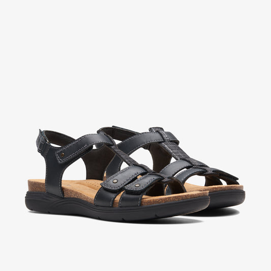 Black leather sandals with adjustable straps.