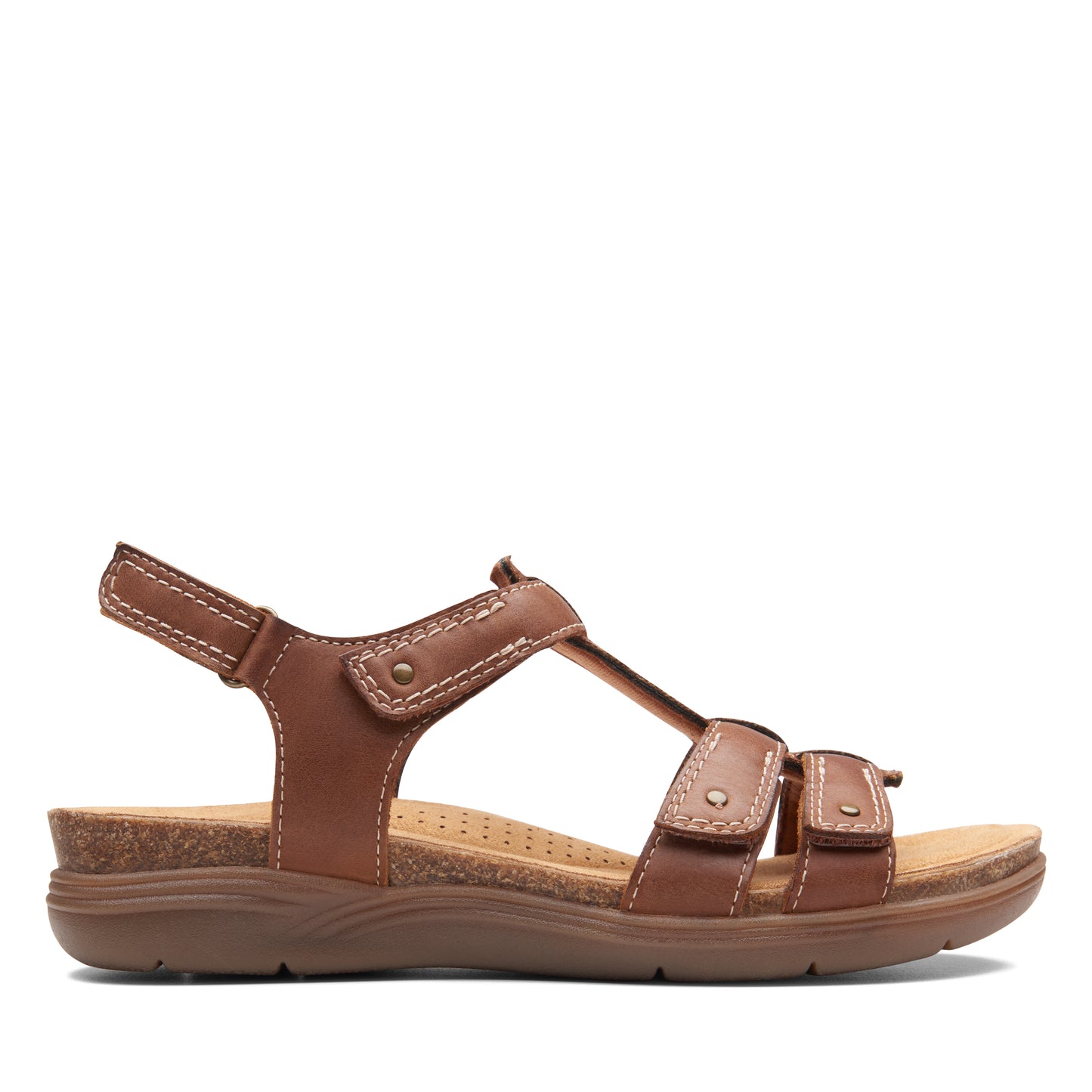 Brown leather sandal with adjustable straps and a cork footbed.