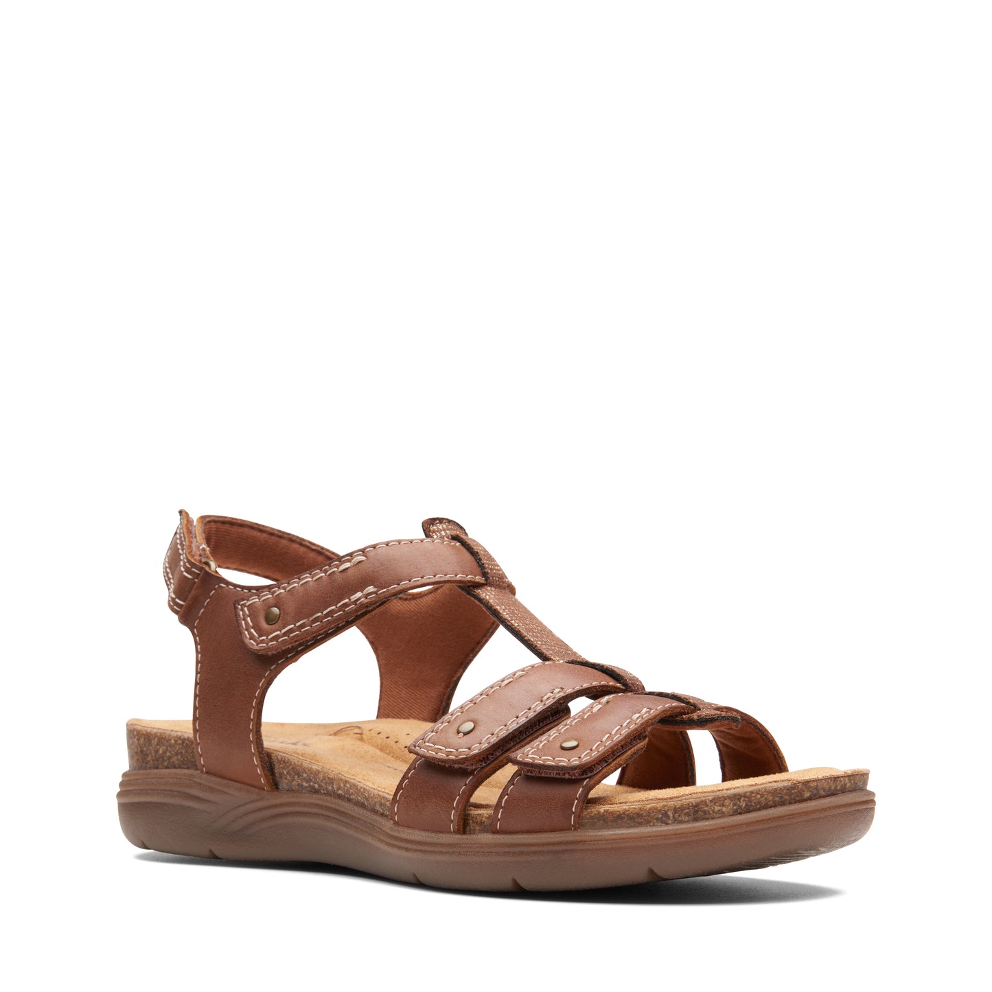 Brown strappy sandal with tan cork footbed.