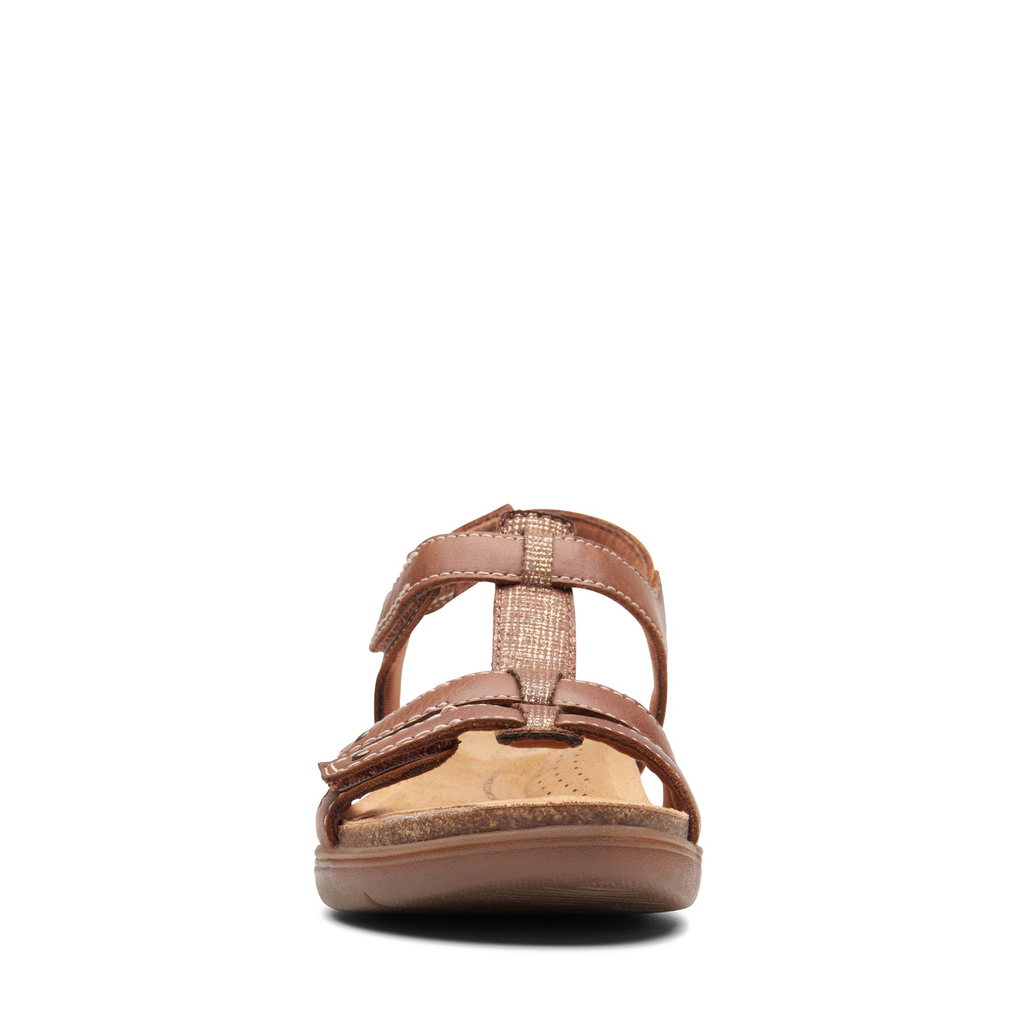 T-strap sandal with hook and loop closures and cork sole.