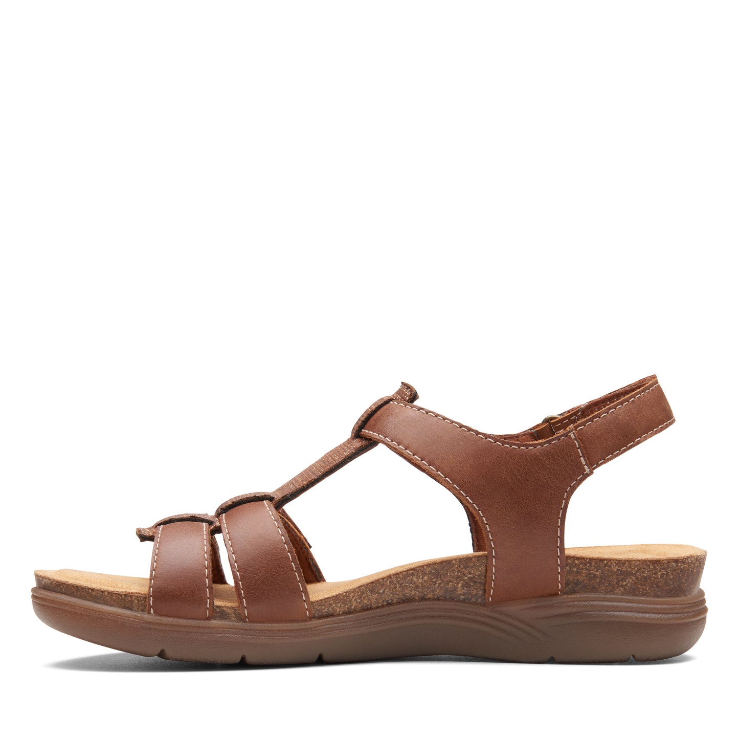 Brown leather sandal with multiple straps and a buckled ankle strap.