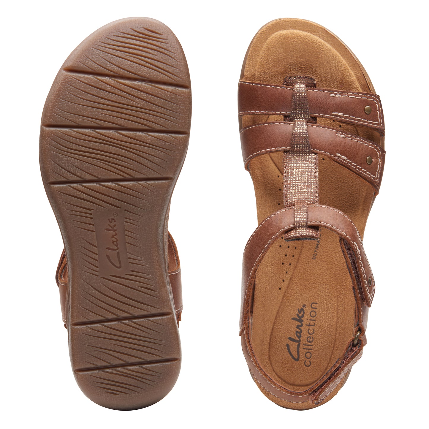 Pair of brown sandals showing the sole and top, the top has an adjustable strap.