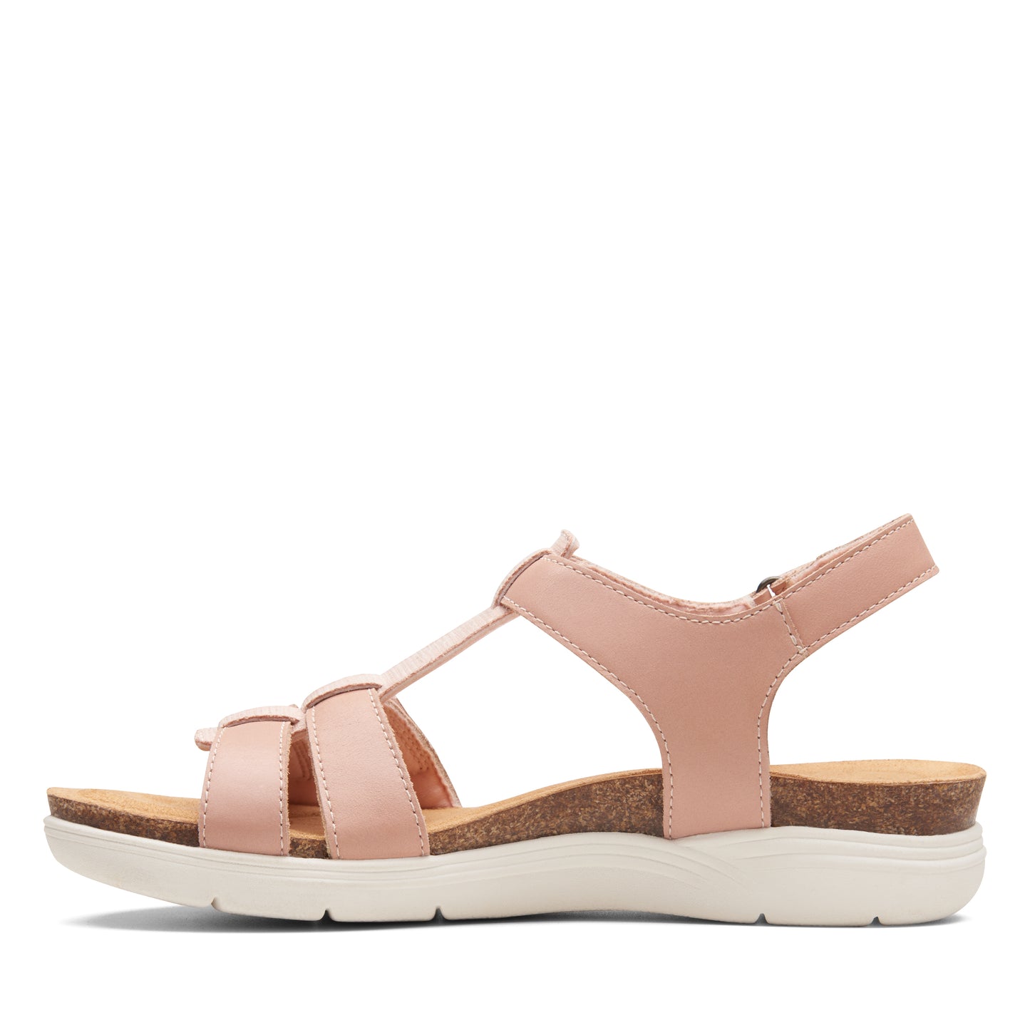 Pink sandal with multiple straps, cork footbed, and white sole.