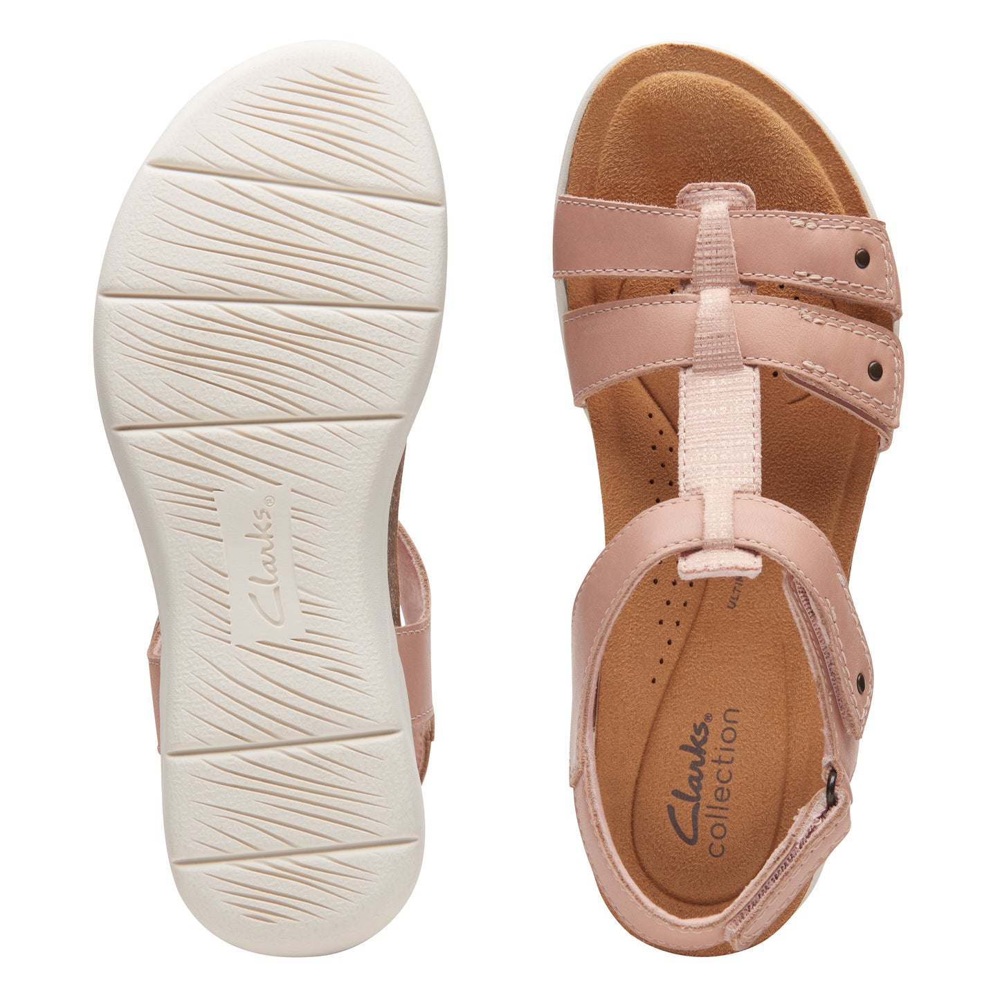 Pair of pink sandals; one shows sole, other top view with straps and “Clarks collection” text.