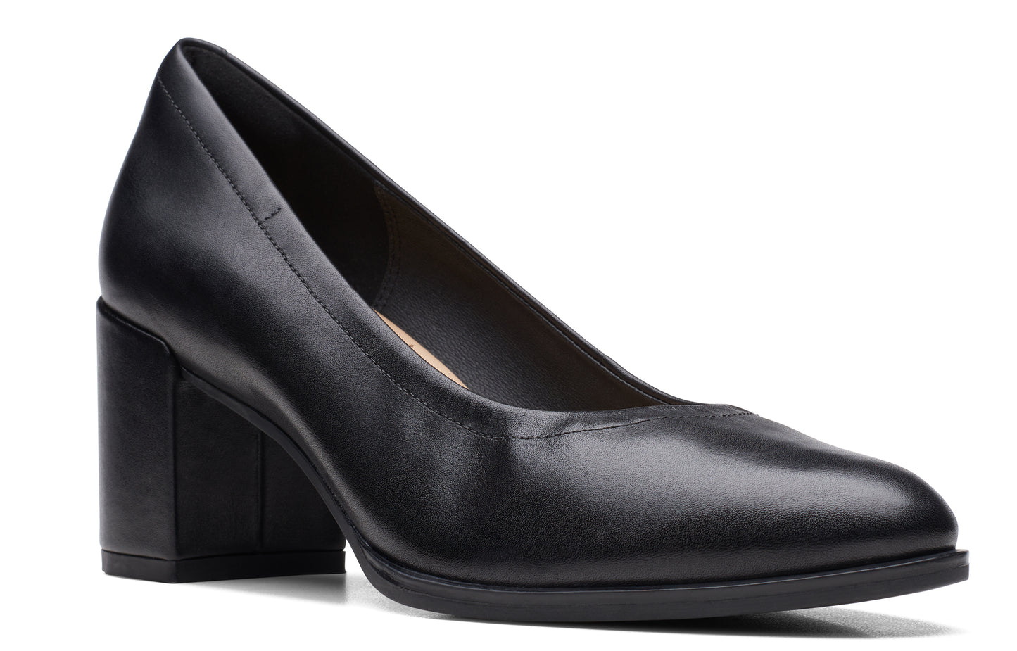 Black leather pump with block heel.