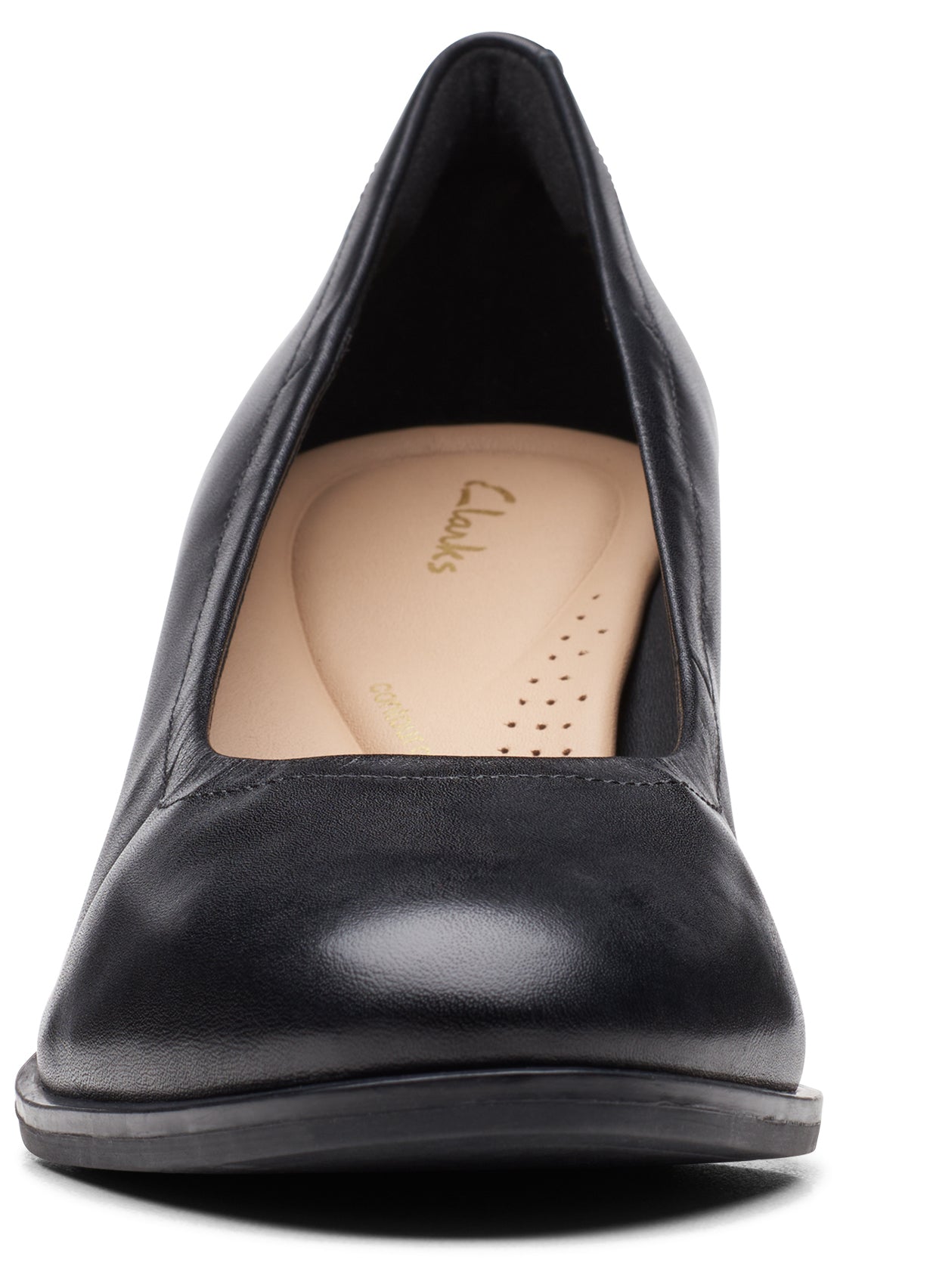 Front view of a black leather heel with a visible insole branded Clarks.