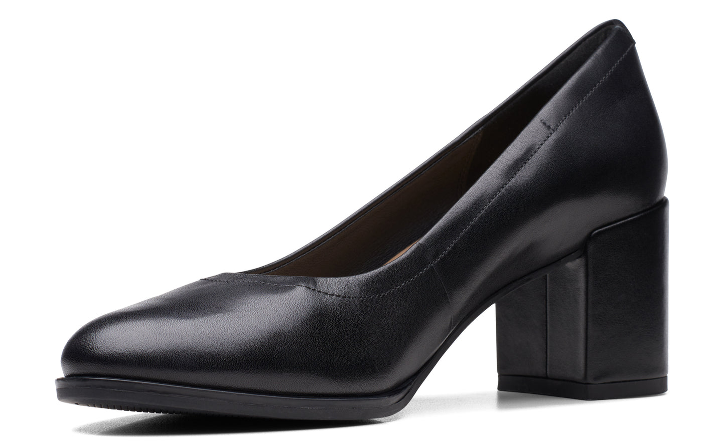 Black leather mid-heel pump with a rounded toe.