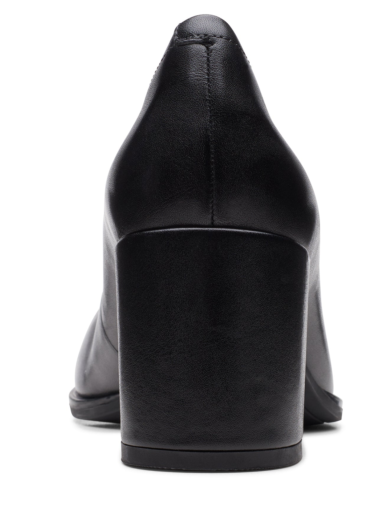 Black leather block heel shoe, back view.