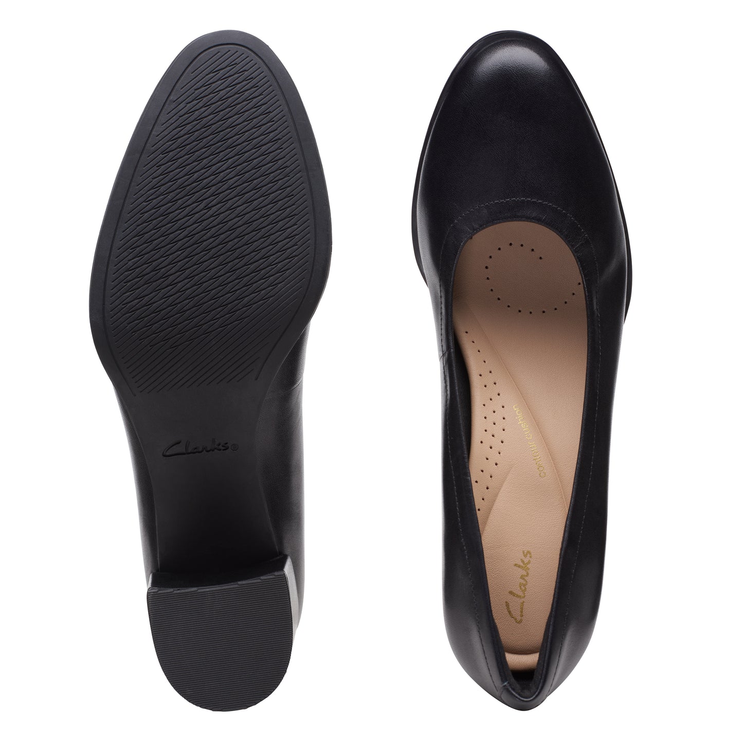 A pair of black pumps showing the top view of the right shoe and the bottom view of the left shoe, with visible branding on the insole and outsole.