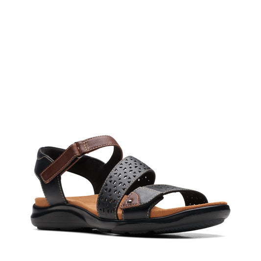 Black leather sandal with a brown ankle strap and a laser cut upper strap.
