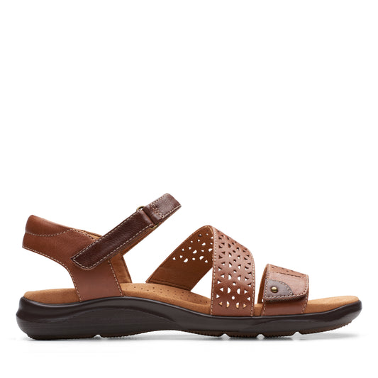 Brown sandals with straps and buckle closures.