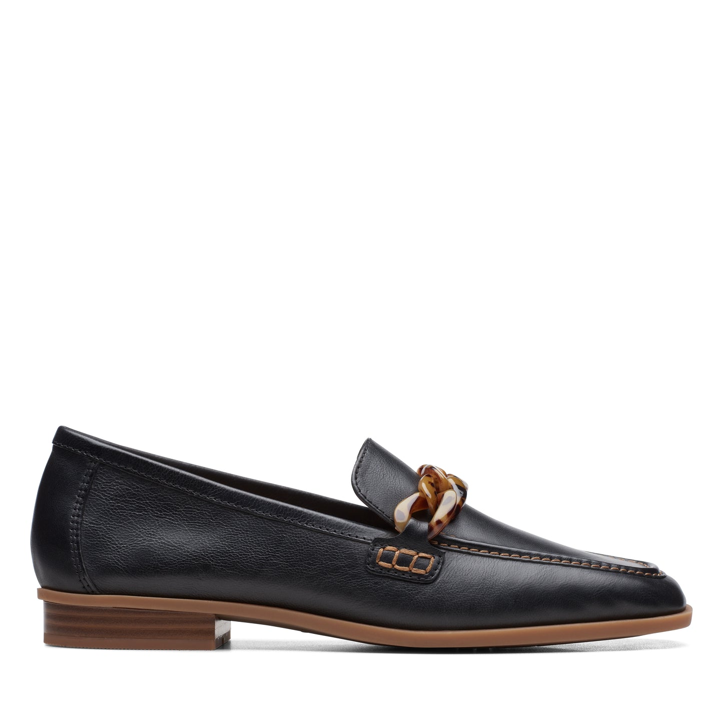 Black leather loafer with chain detail on a low heel.