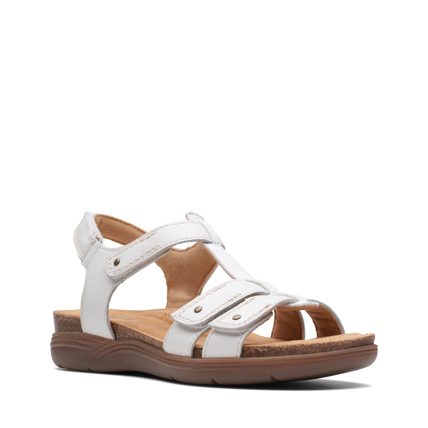White sandal with multiple straps and brown sole.