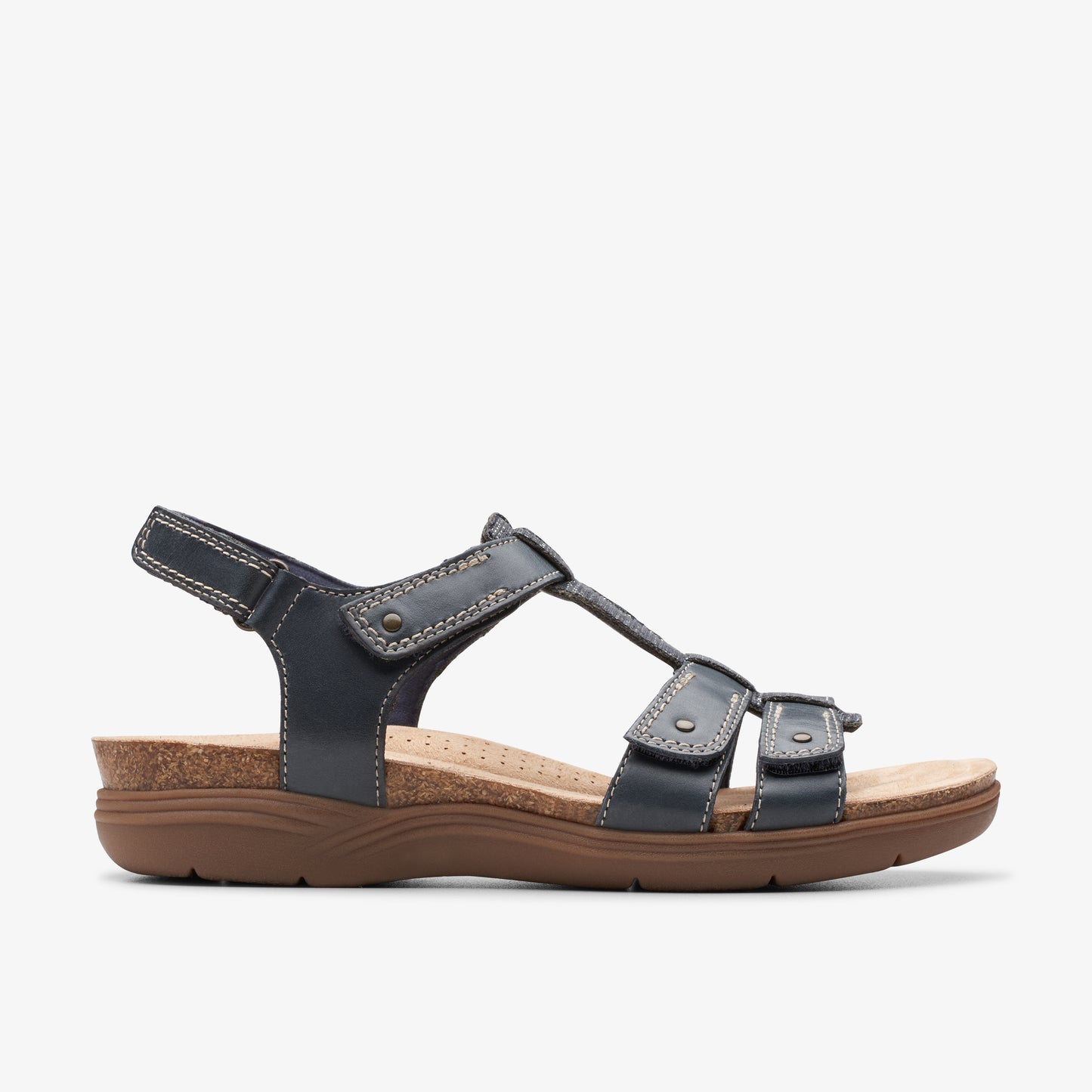 Navy sandal with cork-look sole and adjustable straps.
