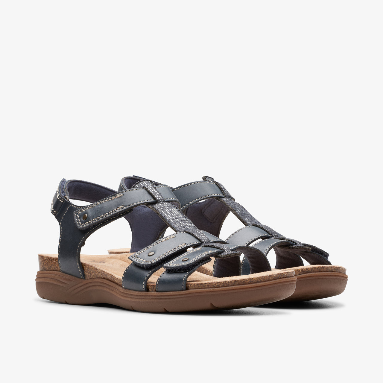 Pair of dark blue strappy leather sandals.