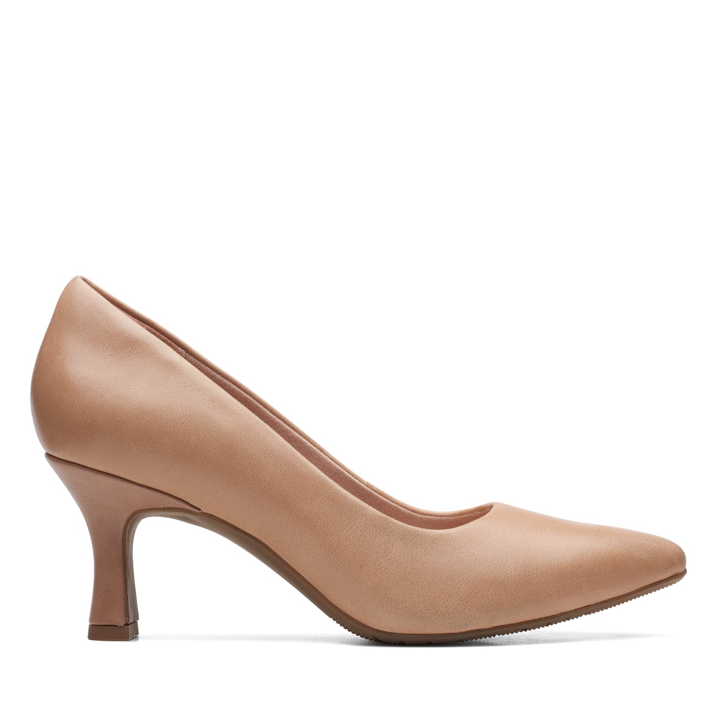 A nude-colored, pointed-toe dress shoe with a slender heel.