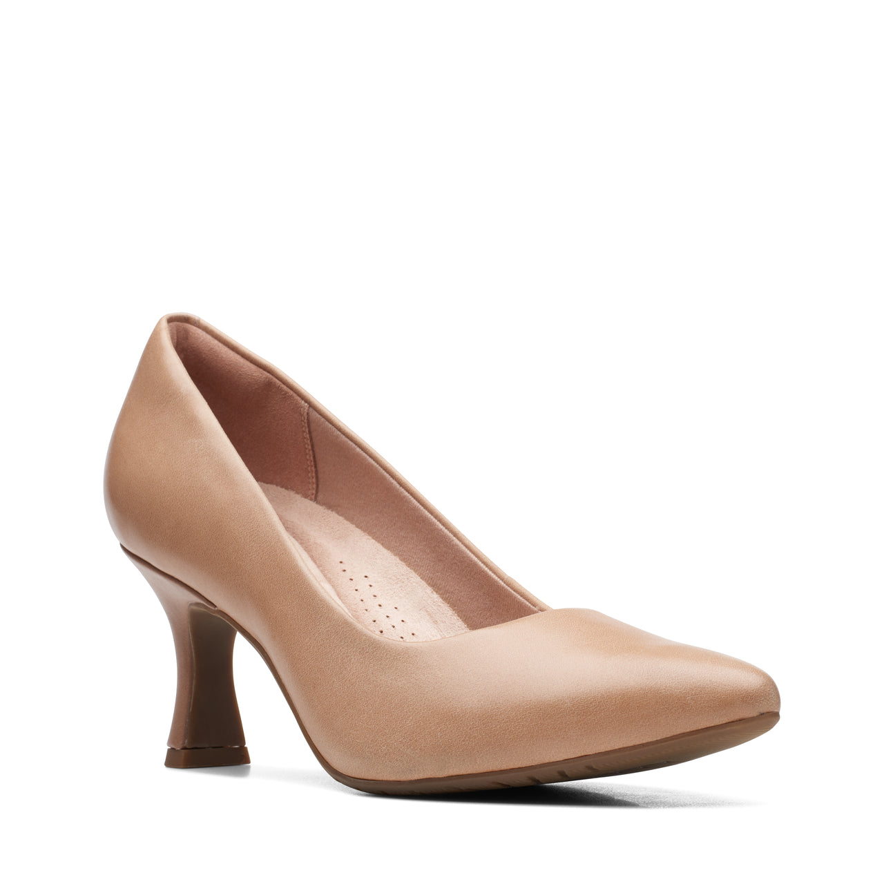 A beige pump with a cone heel, a pointed toe, and a low vamp.