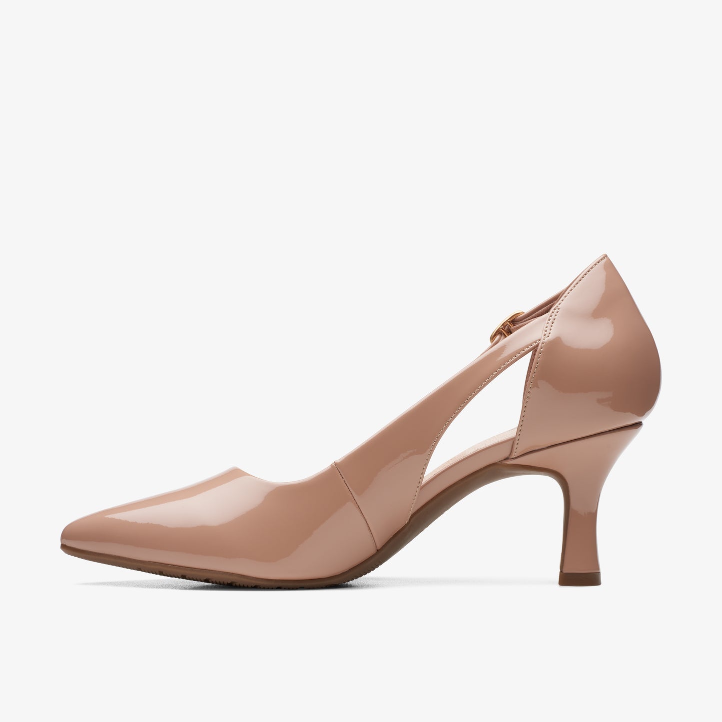 Side view of a patent leather pump shoe with a cutout design and a pointed toe.