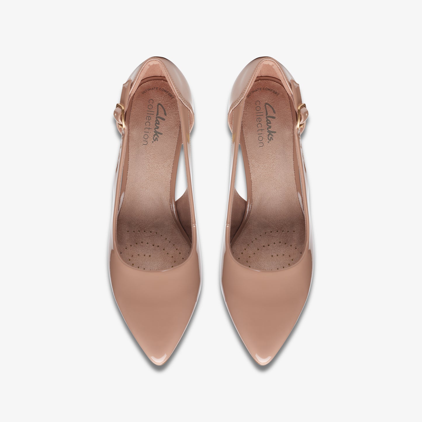 Pair of patent nude pumps, pointed toe, side buckle