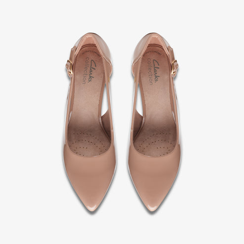 Pair of patent nude pumps, pointed toe, side buckle