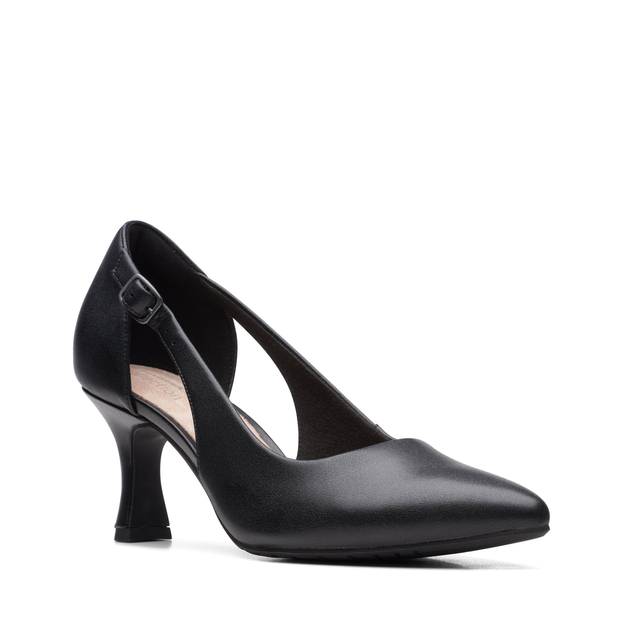 A black leather high-heeled shoe with a pointed toe and a small buckle.