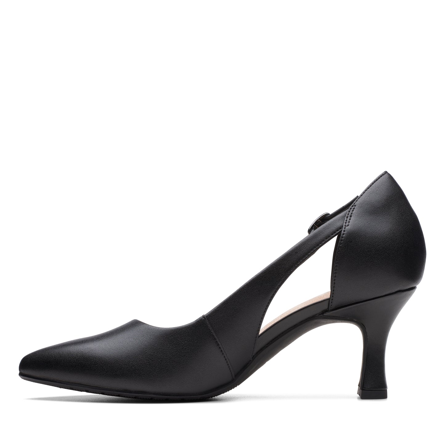 Black leather high-heel shoe with side cutouts.
