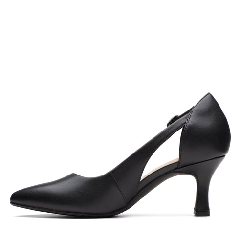 Black leather high-heel shoe with side cutouts.