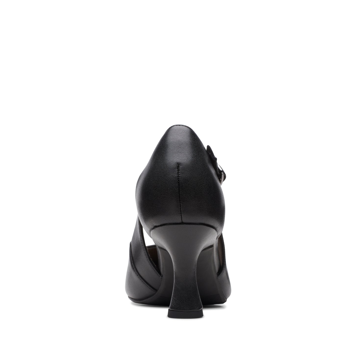 Black leather high heel dress shoe with a closed toe and an ankle strap, rear view.