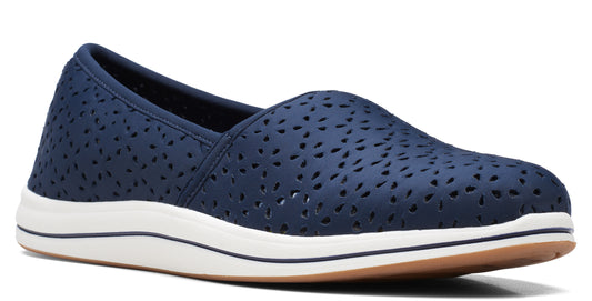 Navy blue perforated slip-on shoe with a white sole and gum rubber bottom.