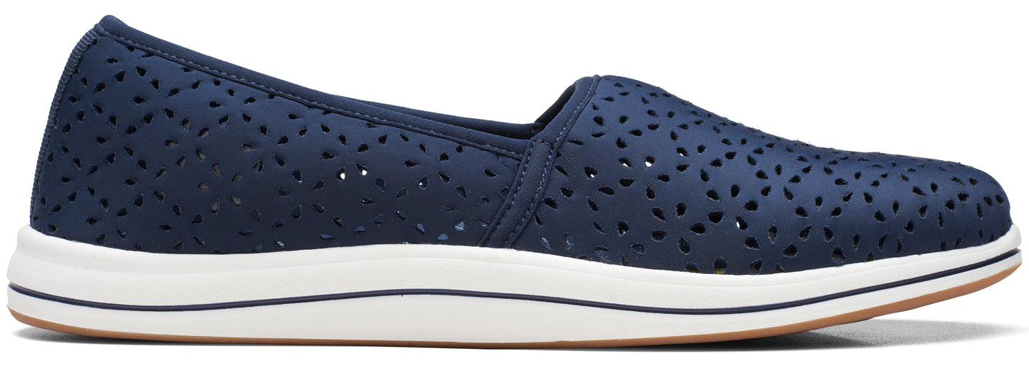 A navy blue, perforated slip-on shoe with a white midsole.