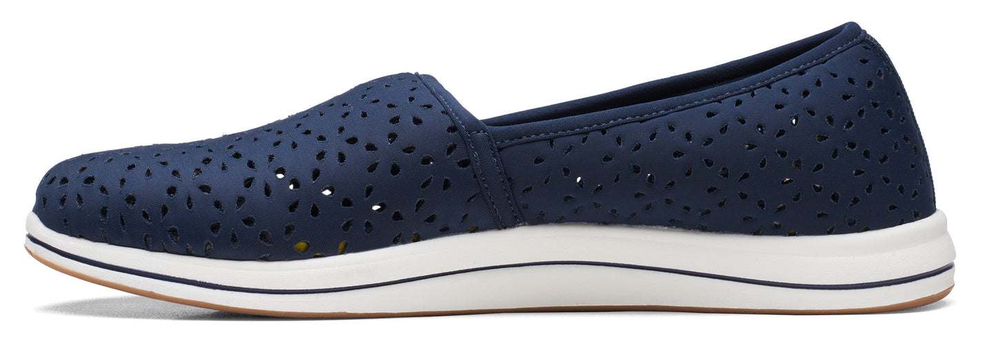 Navy perforated slip-on shoe with white sole.
