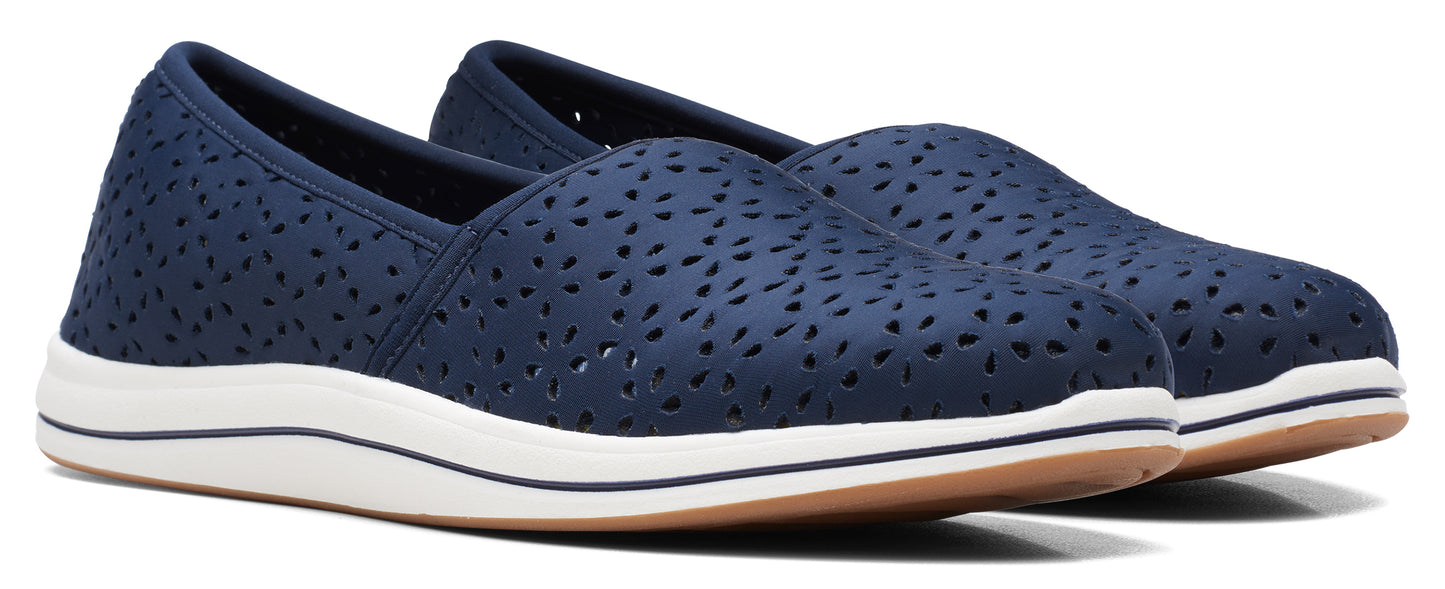 A pair of navy-blue perforated slip-on shoes with a white sole.