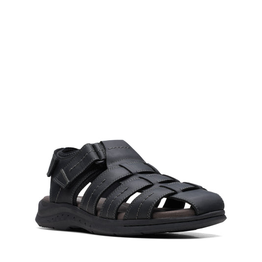 Black men's sandal with a closed toe and strap around the ankle.
