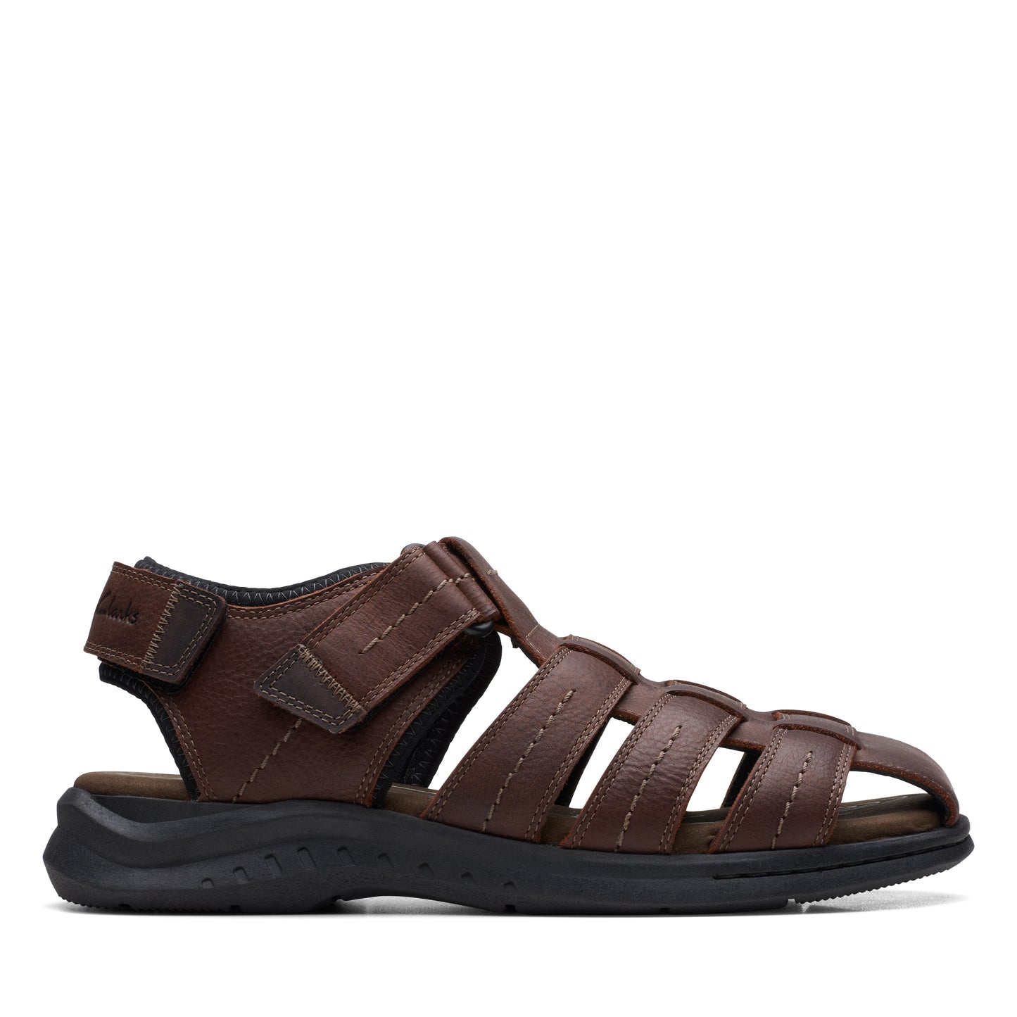 A brown leather fisherman-style sandal with a black sole.