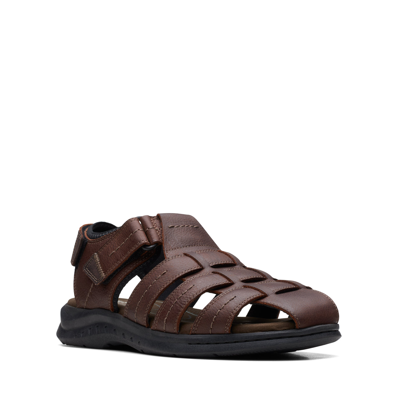A brown leather sandal with a wide, woven strap design and a black sole.