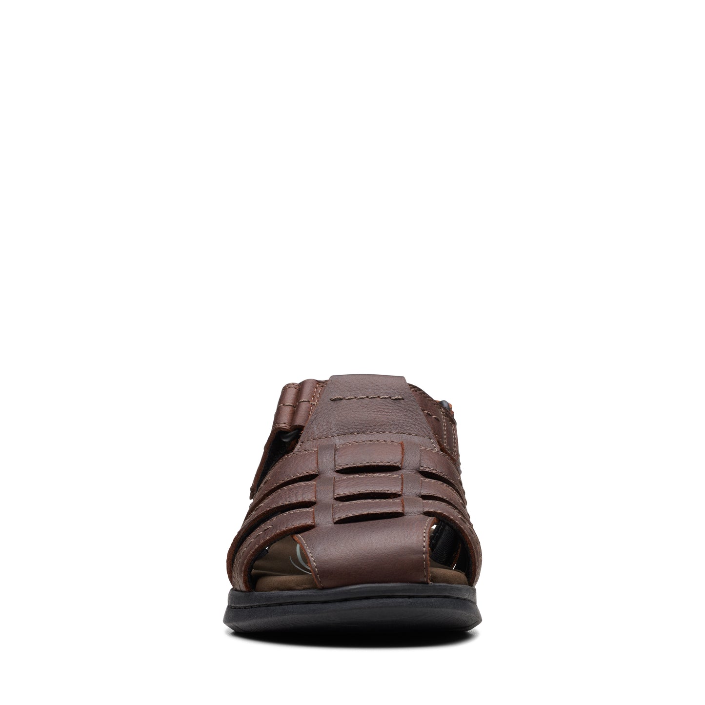 Front view of brown leather sandal with multiple horizontal straps.