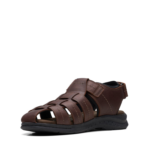 Dark brown leather closed-toe sandal with adjustable straps and a black sole.